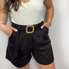 Black High Waisted Woven Shorts With Front Pleats, Side Pockets, And Carved Buckle Belt. New With Tags Black Belted Bottoms Short Length, Black Belted Short-length Bottoms, High Waist Belted Bottoms For Beach, Belted High-waist Beach Bottoms, Summer Beach Shorts With Belt, Belted Shorts For Beach In Spring, Summer Belted Beach Shorts, Black High-waisted Belted Shorts, Black Belted High-waisted Shorts