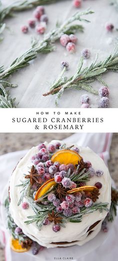 a cake with white frosting and orange slices on top, surrounded by evergreen sprigs