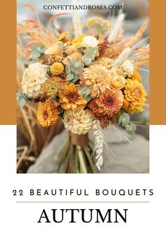 an autumn bouquet with orange and yellow flowers in it is featured on the front cover