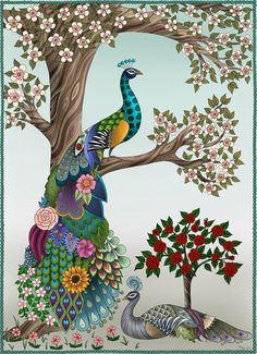 a painting of a peacock sitting on top of a tree next to a flowered tree