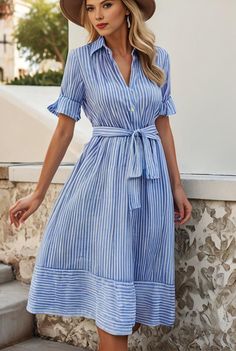 fashion striped temperament midi dress 104316 Belted V-neck Summer Dress, Trendy Fitted Midi Summer Dress, Cotton Dresses For Spring Vacation, Non-stretch Midi Dress For Summer Day Out, Cotton Dresses For Vacation In Spring, Spring Chiffon Midi Dress, Casual Striped Knee-length Dress, Cotton A-line Office Dress, Non-stretch Short Sleeve Dresses For Work