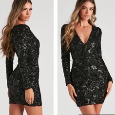 Nwt L Hoco V-Neck Windsor Long Sleeved Luxe Black Mini Sequence Cover Dress Any Reasonable Offers Are Welcomed!:) Type: Mini Brand: Windsor Condition: Excellent Flaws: None Details: Keep Your Look Luxe And Glamorous In A Sequin Dress That Slays! This Mini Dress Features A V-Neckline, Long Fitted Sleeves, A Short, Curve-Hugging Silhouette, And All-Over Sequin Embroidery In A Chic Scroll Pattern. The Sheer Mesh Fabric Includes A Full Knit Lining. Style With Windsors Lace-Up Heels For Your Next Coc Glamorous Black V-neck Bodycon Dress, Fitted V-neck Mini Dress For Holiday Party, Sequin V-neck Bodycon Dress For Date Night, V-neck Fitted Bodycon Dress For Holiday Party, Fitted V-neck Bodycon Dress For Holiday Party, V-neck Bodycon Dress For Holiday Party, Sequin V-neck Dress For Date Night, Black V-neck Dress For Holiday Party, Party Fits