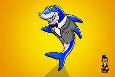 a cartoon shark wearing a suit and bow tie