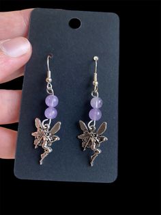 Lavender Amethyst Fairy Earrings made with Hypoallergenic Earring hooks Handmade Fairy Dangle Jewelry, Fairycore Dangle Earrings With Ear Wire, Handmade Fairy Style Dangle Jewelry, Nickel-free Fairycore Earrings For Jewelry Making, Fairycore Nickel Free Earrings As Gift, Fairycore Nickel-free Earrings As Gift, Fairy Style Jewelry With Matching Earrings Gift, Fairycore Nickel-free Earrings For Gift, Fairycore Silver Earrings For Gift