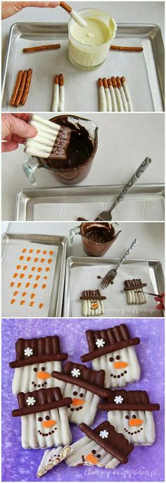 there are three pictures with different food items in the same photo and one has chocolate, marshmallows, and pretzels