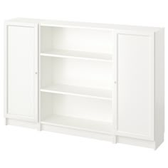 a white bookcase with two doors and three shelves