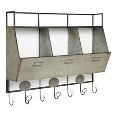 a metal shelf with five hooks and four empty plates