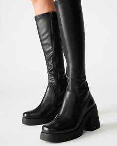 Black High Boots, Steve Madden Boots, Gogo Boots, Black Knee High Boots, Platform Block Heels, Knee Boot, Black Knees, Black Boots Women, Chunky Boots