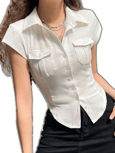 Slim Fit Tops With Button Closure For Summer, Summer Slim Fit Buttoned Tops, Summer Slim Fit Tops With Button Closure, Trendy Fitted Crop Top Shirt, Y2k Fitted Button-up Top, Y2k Fitted Short Sleeve Tops, Fitted Y2k Button-up Top, Spring Fitted Button-up Crop Top, Fitted Button-up Crop Top For Spring