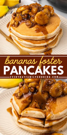 Out of sweet brunch ideas? These Bananas Foster pancakes are thick and fluffy, feature a touch of cinnamon, and are topped with caramelized bananas. Add these homemade pancakes to your Mother's Day brunch ideas! Sweet Brunch Ideas, Banana Sauce, Banana Foster, Sweet Brunch, Caramelized Banana