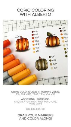 an advertisement for copic coloring with alberto, including pumpkins and crayons