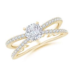 a yellow gold engagement ring set with an oval cut diamond in the center and two rows of diamonds on each band