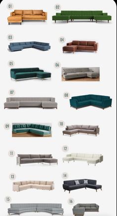 the different types of couches are shown in this image, and each has their own color