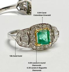 "Pacific Jewelry Key West Presents, Natural Colombian Emerald of 0.94 carats. Emerald carat engraved on the inside of the ring setting. Center Emerald surrounded by yellow gold 4-prong setting and premium quality colorless diamonds of 0.94 carats (total). Center stone Emerald is perfectly contrasted by the yellow gold mounting, and the adorning 0.94 carats in diamonds blend in with the smooth and shiny 18k white gold setting. ✔ Gold Karat: 18K ✔ Emerald Weight: 0.94 carats ✔ Emerald Origin: Colo Classic Yellow Gold Emerald Ring With Halo Setting, Elegant Yellow Gold Ring With Certificate Of Authenticity, Luxury Diamond Rings With Certificate Of Authenticity, Gia-certified White Gold Emerald Ring For Anniversary, White Gold Emerald Ring Gia Certified For Anniversary, Gia Certified White Gold Emerald Ring For Anniversary, Heirloom Emerald Ring Gia Certified For Anniversary, Diamond Anniversary Rings With Certificate Of Authenticity, Gia Certified Platinum Ring With Yellow Gold