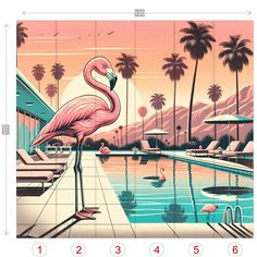 a pink flamingo standing on top of a pool next to a palm tree covered beach