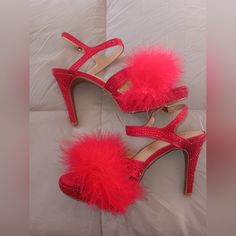 Simply Gorgeous And Rare Womens Thalia Sodi Red Rhinestone And Feather Boa Open Toe Heels With Straps, Size 9, There Are A Couple Of Rhinestones Missing *Please See In Photos*, In Overall Great Condition (They Remind Me Of A Sexier Version Of Dorothy's Ruby Red Slippers!!) Ruby Red Slippers, Red Slippers, Open Toe Heels, Red Rhinestone, Ruby Red, Strap Heels, Lady In Red, Shoes Women Heels, Open Toe