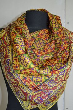 Vintage silk scarf , made in India , excellent condition, measurements 90 x 90 cm , Formal Multicolor Silk Scarves, Vintage Style Multicolor Silk Dupatta, Multicolor Silk Square Scarf, Patterned Silk Scarf Shawl, Patterned Silk Shawl Scarf, Patterned Silk Scarves, Multicolor Silk Shawl Scarf, Multicolor Silk Shawl, Patterned Silk Scarf As A Gift