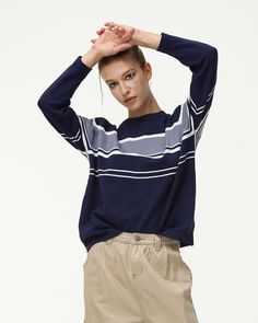 Details: Long-sleeve jumper with stripes designTop Length: NormalSleeve Length: Long SleevesMaterials:95% Polyester + 5% Spandex Trendy Striped Stretch Sweater, Casual Sweater With Vertical Stripes For Fall, Blue Striped Long Sleeve Top, Blue Horizontal Stripe Long Sleeve Top, Blue Long Sleeve Tops With Horizontal Stripes, Blue Long Sleeve Top With Horizontal Stripes, Blue Crew Neck Sweater With Horizontal Stripes, Navy Horizontal Stripe Crew Neck Top, Navy Casual Sweater With Contrast Stripes