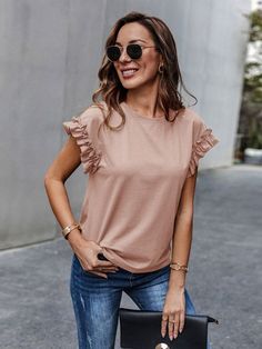 Ruffle Cuff Solid Tee Ruffle Pattern, Cap Sleeve Tee, Casual Cap, Women T Shirts, Solid Tops, Trendy Fashion Women, Women Tops, Cap Sleeve, Summer Women