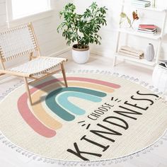 a round rug with the words, good times and rainbows on it in front of a chair