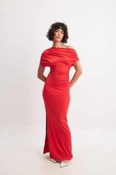 Soft Line Draped Midi Dress Red Draped Midi Dress, Drape Maxi Dress, Draped Midi Dresses, Red Midi, Designer Drapes, Red Midi Dress, Dress Red, Funnel, Stretchy Material