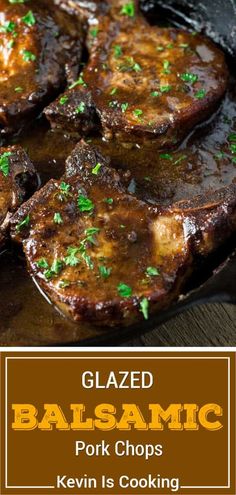 grilled balsamic pork chops in a skillet