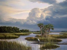 a painting of a white bird sitting on top of a lush green field next to palm trees