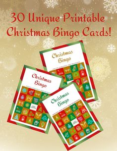 three christmas bingo cards with the words 30 unique printable christmas bingo cards on them