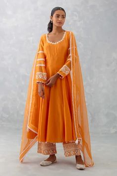 Shop for Devnaagri Orange Chanderi Anarkali Embroidered Palazzo Set for Women Online at Aza Fashions Orange Suits Women Indian, Frock Suit With Plazo, Chanderi Anarkali, Fancy Dress Material, Sheer Dupatta, Long Blouse Designs, Indian Kurti Designs, Chanderi Dupatta, Orange Suit