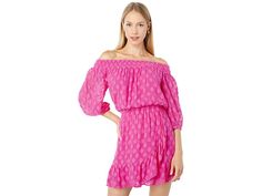 Lilly Pulitzer Rochelle Romper - Women's Jumpsuit & Rompers One Piece : Plumeria Pink Daiquiri Ditsy Rayon Clip : The Lilly Pulitzer Rochelle Romper is the perfect mix of vibrant color and feminine details. The off-the-shoulder neckline features smocked styling, while a flounced hem accents the skirted bottom. Lightweight with breathable material. Off-the-shoulder smocked romper with a flounced skirted bottom. Skims the body. Roomier fit. Daiquiri Ditsy Rayon Clip. 100% rayon. Hand wash, dry Flirty Off-shoulder Dress With Smocked Back, Feminine Ruched Off Shoulder Dress For Spring, Feminine Ruffled Off Shoulder Dress, Chic Pink Smocked Dress, Off-shoulder Smocked Dress With Ruffles For Summer, Off-shoulder Smocked Dress With Ruffles, Chic Off Shoulder Dress For Vacation, Casual Off Shoulder Dress With Ruffles For Spring, Feminine Off-shoulder Evening Dress