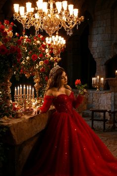 a woman in a red dress standing next to a table with candles and roses on it