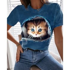 Fabric:Polyester; Sleeve Length:Short Sleeve; Look After Me:Wet and Dry Cleaning,Washable,Machine wash; Gender:Women's; Theme:3D Cat; Style:Basic Essential; Elasticity:Micro-elastic; Tops Type:T shirt Tee; Occasion:Weekend,Daily; Details:Without Lining; Top Length:Regular; Fit Type:Regular Fit; Pattern:Cat,3D,Graphic Patterned; Design:Print; Neckline:Round Neck; Listing Date:02/23/2021; Bust:; Sleeve:null; Waist:; Pattern Theme:3D Printed; Special selected products:COD; Fit US Size:null; Fit UK Black Kawaii, Animal Print T Shirts, Short Sleeve Shirt Women, Shirts Women Fashion, Cat Top, Cat Graphic, Womens Tops Summer, Short Sleeve Pullover, Round Neck Tops