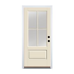 a white door with glass panels on the top and bottom panel, in front of a white background