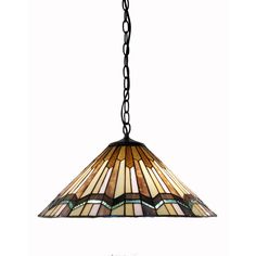 a stained glass lamp hanging from a chain