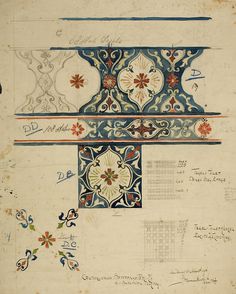 an old book with designs on the pages and writing in blue, red and green