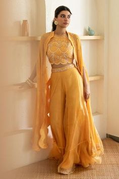 Shop for Mani Bhatia Yellow Silk Organza Embroidered Cape And Gharara Set for Women Online at Aza Fashions Yellow Sharara Set, Open Crop Top, Yellow Sharara, Haldi Dress, Sharara Designs, Cape Set, Haldi Outfits, Haldi Outfit, Function Dresses