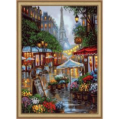 a painting of the eiffel tower in paris with flowers and potted plants