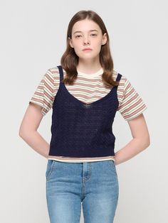 Composition : Acrylic 100%Country of Origin : KOREA Navy Sleeveless Cotton Vest, Navy Cotton Casual Sweater Vest, Casual Navy Cotton Sweater Vest, Navy Cotton Tank Top For Spring, Navy Tank Top For Spring, Navy Sleeveless Vest Top, Navy Sleeveless Cotton Tops, Cropped Sleeveless Top, Cami Tanks