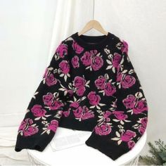 #ad Premium Quality Womens Chic Rose Jacquard Pullover Loose Knitted Sweater Cardigan Top Knitted, Fashion Women's Sweaters Pink Knit Sweater With Floral Print, Winter Black Sweater With Floral Print, Black Floral Print Sweater For Winter, Pullover Cardigan, Chic Sweaters, Cardigan Top, Loose Sweater, Knitted Pullover Sweaters, Vintage Knitting