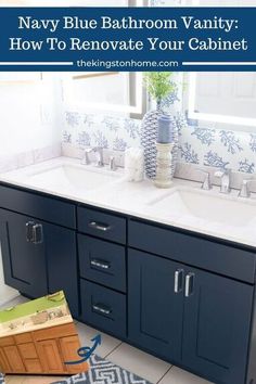 a bathroom vanity with blue and white decor