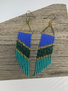 Beaded fringe earrings.  Color: periwinkle/mixed teal/aqua; Handmade in the USA Beaded Fringe Earrings, Beaded Fringe, Fringe Earrings, Earrings Color, Dangle Drop Earrings, Drop Earrings, Color