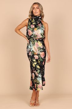 Anabelle Halter Neck Midi Dress - Black Floral Chic Midi Length Sleeveless Dress For Garden Party, Dressy Floral Print Party Maxi Dress, High Neck Sleeveless Dress For Spring Formal, Formal High Neck Sleeveless Dress For Spring, Chic Floral Print Midi Dress For Party, Floral Print Midi Dress For Parties, Floral Print Midi Length Evening Dresses, High Neck Maxi Dress For Summer Cocktail, Evening Midi Length Dress With Floral Print