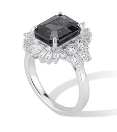 Start a conversation with this show stopping Art Deco inspired ring. A show stopping 4.22 ct black Spinel is the centerpiece of this creation, surrounded by a combination of 1.6 ct VS quality round, pear, and tapered baguette shaped diamonds. Inspired by the Art Deco period, we have created both contrast and symmetry with the depth of black hue from the Spinel and the contrast of the scintillating symmetrical diamonds that surround it. A collector piece sure to be an heirloom for many generation Luxury Black Spinel Rings For Formal Occasion, Formal Black Spinel Ring In Fine Jewelry Style, Formal Fine Jewelry Black Spinel Ring, Black Spinel Rings For Formal Occasions, Elegant Black Diamond Platinum Ring, Black Baguette Cut Ring For Formal Occasions, Elegant Black Baguette Cut Ring, Formal Black Baguette Cut Rings, Timeless Black Platinum Jewelry