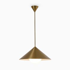 a brass colored pendant light hanging from the ceiling