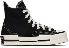 High-top paneled canvas sneakers in black. · Round rubber cap toe · Lace-up closure · Eyelets and logo patch at inner side · OrthoLite™ cushioned insole · Rubberized logo patch at rubber platform midsole · Treaded rubber outsole · Contrast stitching in white · Platform: H1.5 in Supplier color: Black/Egret/Black Black Chuck 70, Converse Chuck 70 Plus, Chuck 70 Plus, White Chucks, Black Chucks, Black High Top Sneakers, Converse Black, Converse Chuck 70, Casual Sneakers Women