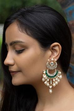 Shop for Riana Jewellery Bead Drop Tiered Chandbali Earrings Online at Aza Fashions Chandbali Jeweled Bridal Earrings For Reception, Jeweled Chandbali Bridal Earrings For Reception, Jeweled Chandbali Earrings For Reception, Reception Chandbali Earrings With Jeweled Details, Jeweled Chandbalis For Reception, Green Chandbali Bridal Earrings For Reception, Green Kundan Chandbalis For Reception, Jeweled Chandbalis For Reception And Festivals, Green Chandbalis For Diwali Reception