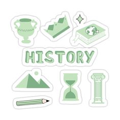 the words history written in green stickers on a white background with various items around it