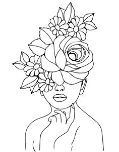 a woman with flowers on her head in black and white coloring book page for adults