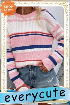 Pink Knitted Crew Neck Striped Color Block Sweater Casual Striped Knitted Sweater, Trendy Striped Chunky Knit Sweater, Spring Striped Soft Knit Sweater, Winter Striped Textured Knit Sweater, Spring Striped Chunky Knit Sweater, Trendy Striped Knitted Sweater, Striped Knitted Crew Neck Sweater, Casual Striped Textured Knit Sweater, Casual Pink Knitted Sweater