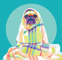 a painting of a dog wrapped in a blanket